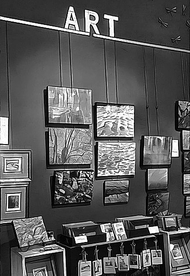 Black and white interior and encaustic artwork at the shutter gallery kennebunk maine