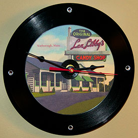 vintage Len Libby postcard clock on 45 vinyl record