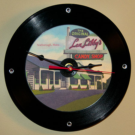 Len Libby vintage postcard on vinyl 45 record clock