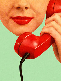 close up of woman with bright red lips talking on bright red phone
